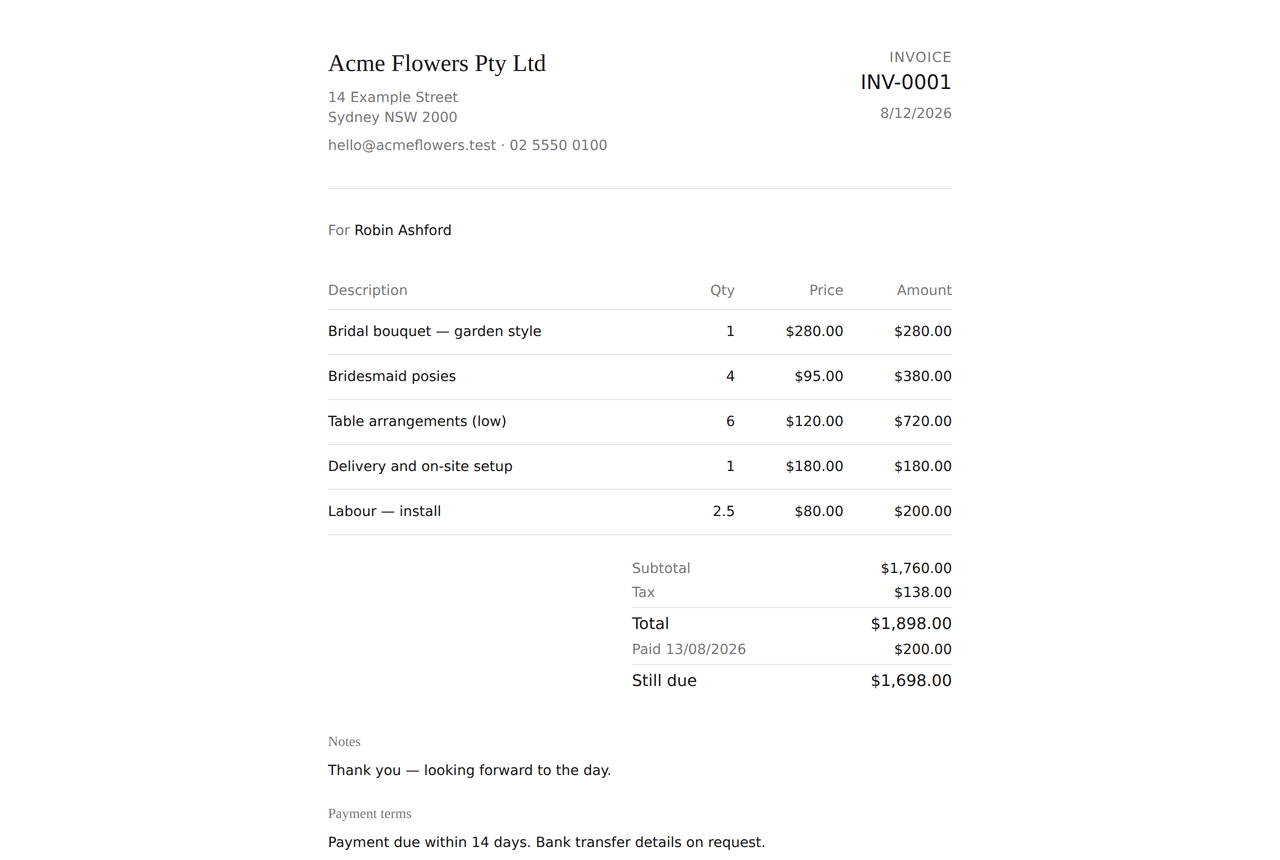 An invoice as the customer sees it